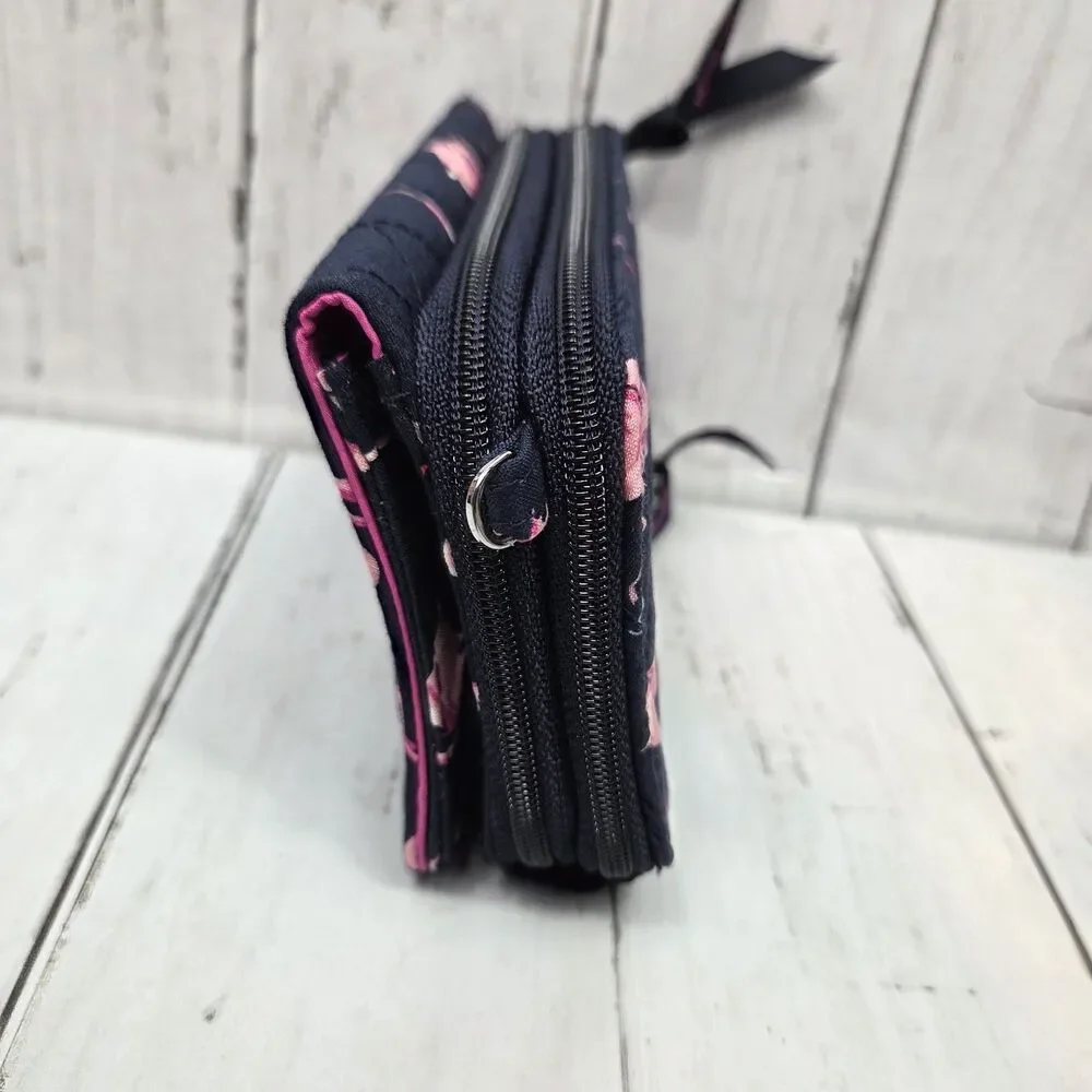 Vera Bradley Pink Flamingo Quilted Wallet Navy Blue RFID Multi Compartment GUC